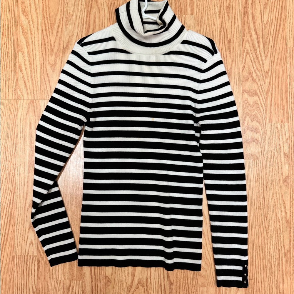 WHITE HOUSE BLACK MARKET Striped Black and White Turtleneck Sweater